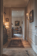 Elegant wall art display in classic hallway timeless decor soft ambient lighting