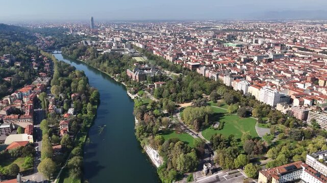 Aerial view of Po river and Valentino Park (Parco del Valentino) in Turin, Italy