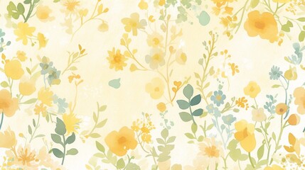 Beautiful translucent watercolor floral motifs with botanical patterns, featuring fresh and vibrant colors on a light yellow watercolor background, creating a serene and artistic atmosphere.