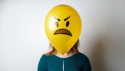 Anonymous woman with angry yellow balloon instead of head. Portrait isolated on white background.