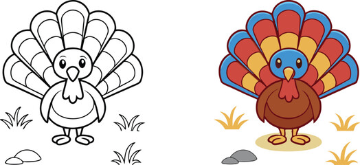 Fototapeta premium Cartoon Turkey Coloring Page Thanksgiving Bird Illustration