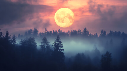 Obraz premium A serene forest scene illuminated by a large moon against a colorful sky.