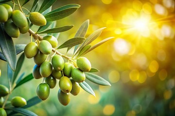 Green Olives on Branch, Fresh Harvest, Mediterranean Food, Culinary Photography