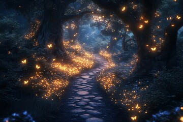 Fototapeta premium mystical moonlit forest path with glowing butterflies, luminescent flowers, and ancient trees creating magical night atmosphere