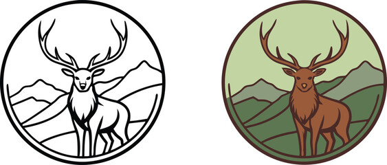 Majestic Stag Mountain Landscape Logo Design Outline Color