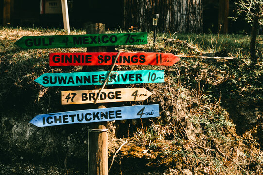Colorful Directional Signpost Pointing to Local Landmarks in a Natural Setting