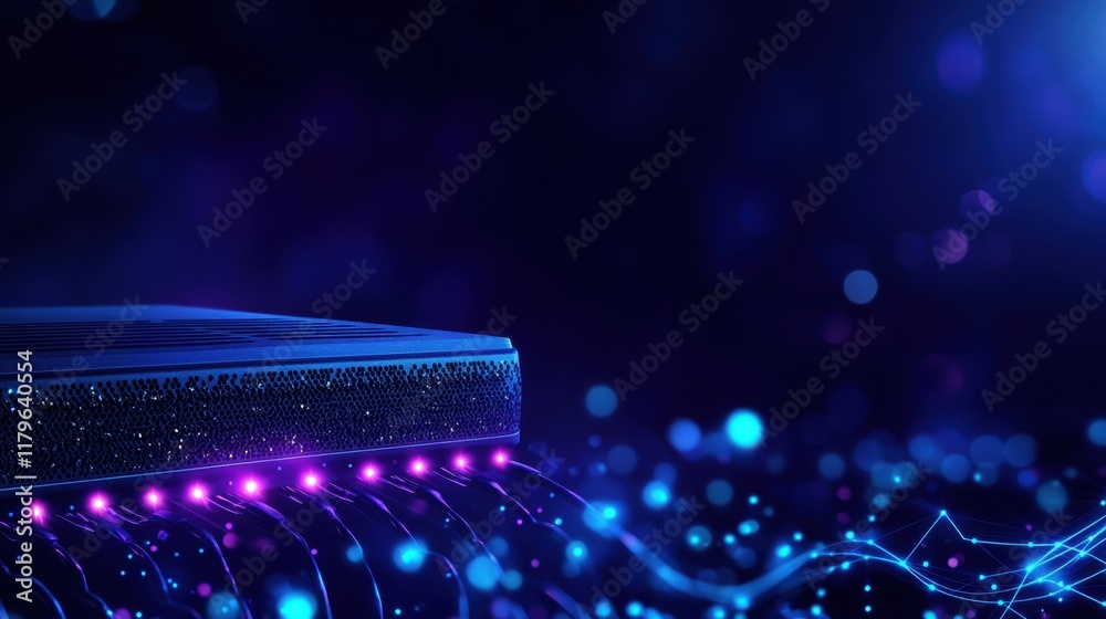 Poster futuristic computer setup illuminated by glowing background with vibrant colors creating a modern te