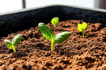 Young green seedlings emerging from rich brown soil in a planter, symbolizing growth and new beginnings under natural light.