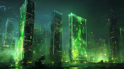 Obraz premium A futuristic cityscape with glowing green skyscrapers and a cyberpunk aesthetic.