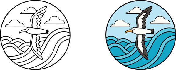 Ocean Albatross Bird Coloring Page Waves, Sky, Flight, Nature