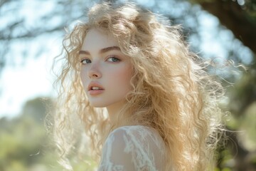 Fototapeta premium Beautiful young woman with long natural blonde curly hair and captivating expression poses outdoors in vibrant green nature during summer.