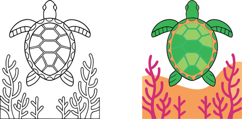 Sea Turtle Coloring Page Ocean Animal, Coral Reef, Underwater