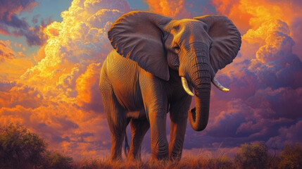 Majestic elephant standing in vibrant sunset landscape, showcasing beauty