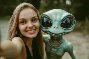 woman and green alien doing selfie together, smiling to camera