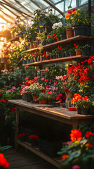 Sunlit greenhouse filled with colorful flowers in pots on wooden shelves and tables.