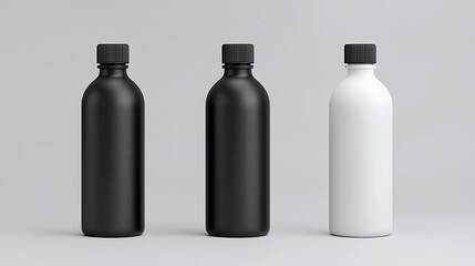 Three sleek bottles; two black, one white, on a grey background.