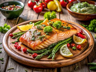 Grilled Salmon with Lemon, Herbs, and Roasted Vegetables - Delicious Food Photography