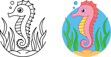 Cute Seahorse Coloring Page Outline and Colored Version