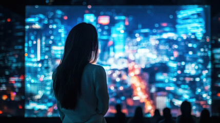 girl watching holographic screen displaying cityscape at night