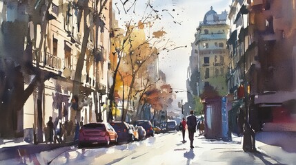 Obraz premium Urban watercolor poster, cityscapes painted in loose strokes, bold splashes of color, and artistic energy