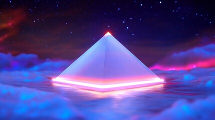 Glowing Pyramid 3D Render: Vibrant Neon Light in Cosmic Landscape. AI Generated