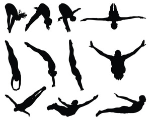 Black silhouettes of jumping people into the water, on a white background	