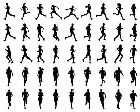 Black silhouettes of runners on white background