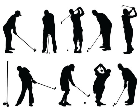 Black silhouettes of golf players on a white background