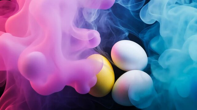 Colorful eggs surrounded by vibrant smoke create a mesmerizing visual display during spring celebrations
