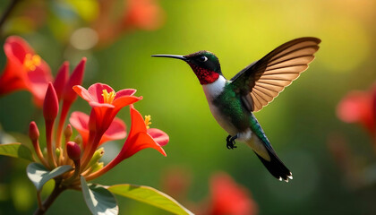 Fototapeta premium A hummingbird with a long beak hovering near a red flower against a blurred green background