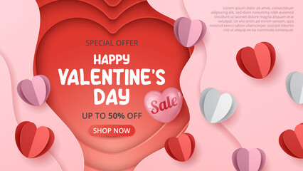 Happy Valentine's day sale template with paper cut heart elements. Vector background