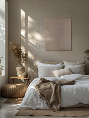 Minimalist bedroom design featuring blank wall art serene atmosphere natural light