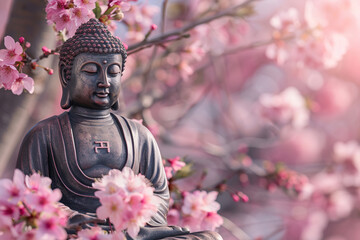 Greeting card with ancient statue great Buddha on bright holiday composition, abstract vivid composition consists of fictional unreal fantastic vision on background