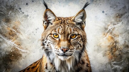 Obraz premium Grunge Style Iberian Lynx Wildlife Photography, Endangered Animal Portrait on White