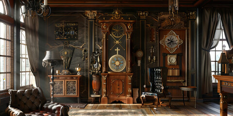 Ornate Study with Grandfather Clock and Multiple Clocks