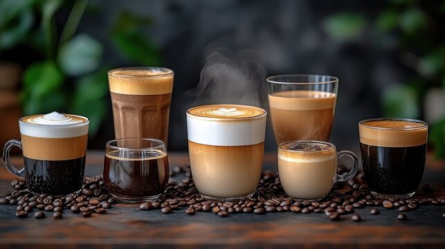 Assortment of hot coffee drinks.