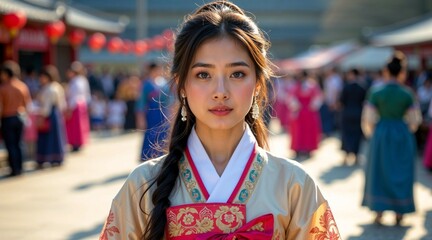 Young Korean woman in traditional attire at an international cultural festival
