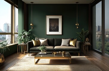Dark green wall in the living room with a velvet sofa, gold coffee table, and decorative elements. Green interior design of modern home decor
