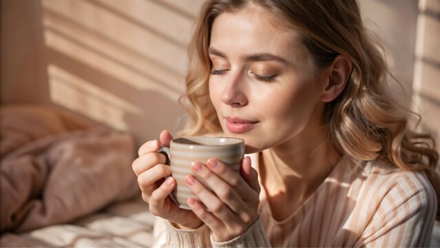 Young woman enjoying a warm cup of coffee in cozy pajamas on a sunlit bed