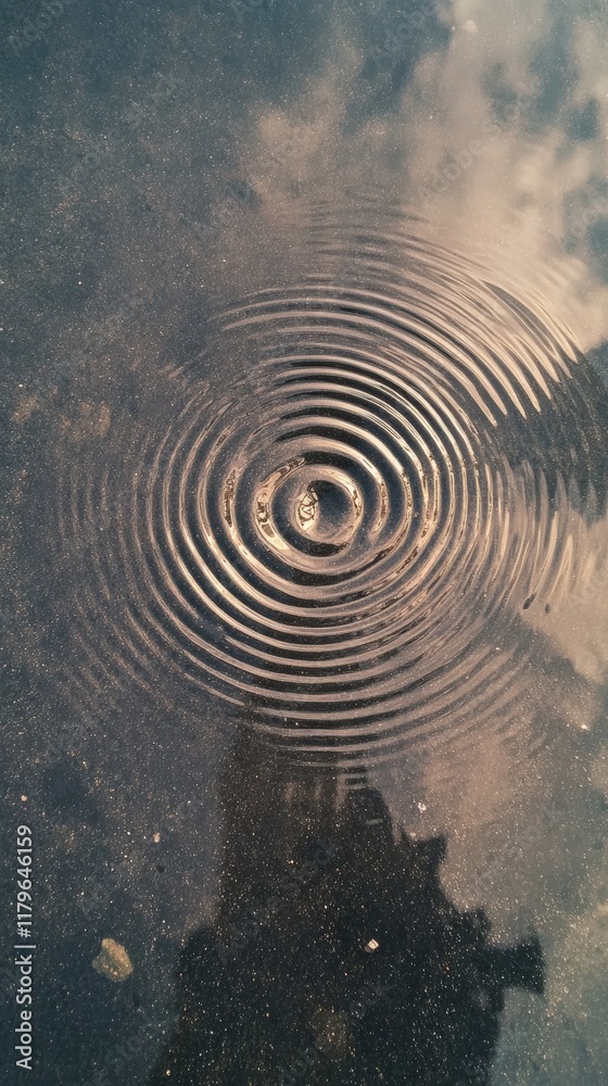 Poster rain creating concentric ripples on a dark water surface, reflecting the cloudy sky at sunset, evoke