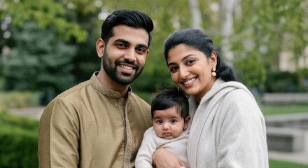 Fototapeta premium Happy south asian family with baby in park setting for family connections and bonding concepts