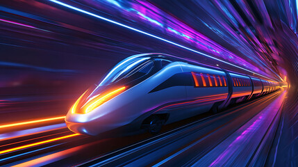A futuristic train speeding through a vibrant, illuminated tunnel.