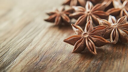 Fototapeta premium Star anise spice on wood background. Food photography for recipe blogs.