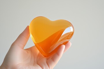 A captivating image of a human hand holding a heart-shaped translucent object with an amber hue.