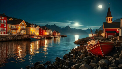 A coastal town with brightly lit buildings and boats on the water at night, with mountains in the background