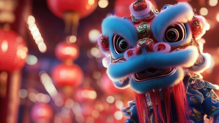 Fototapeta premium A vibrant lion dance costume with detailed embroidery stands against a festive background filled with red lanterns, embodying the joy of Chinese New Year.