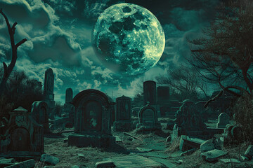 Obraz premium Fantastically mysterious cemetery with tombstones and terribly scary atmosphere, abstract vivid composition consists of fictional unreal fantastic vision on background