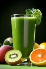 A refreshing green smoothie surrounded by fresh fruits like kiwi, apple, and orange, showcasing vibrant colors and healthy ingredients.