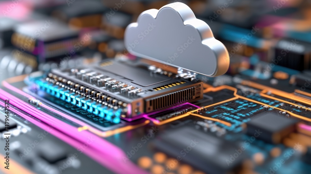 Poster cloud formation hovering above a complex computer motherboard circuitry in a high-tech and futuristi