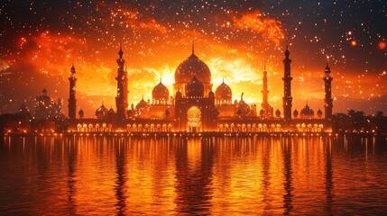 Grand mosque at night reflecting in water with fireworks in a vibrant orange sky.